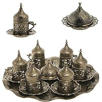 Service à café ottoman turc - Ensemble de 6 tasses, soucoupes, sucrier, porte-délices et plateau de service.