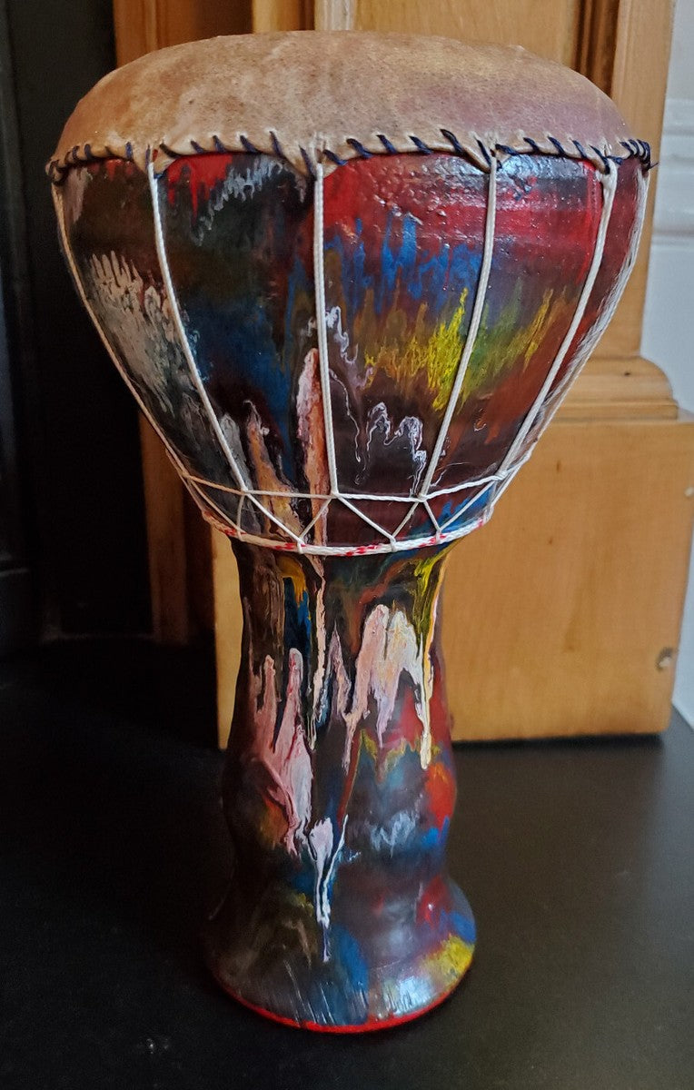 Tambour à percussion décoratif vintage en terre cuite et cuir peint à la main petit