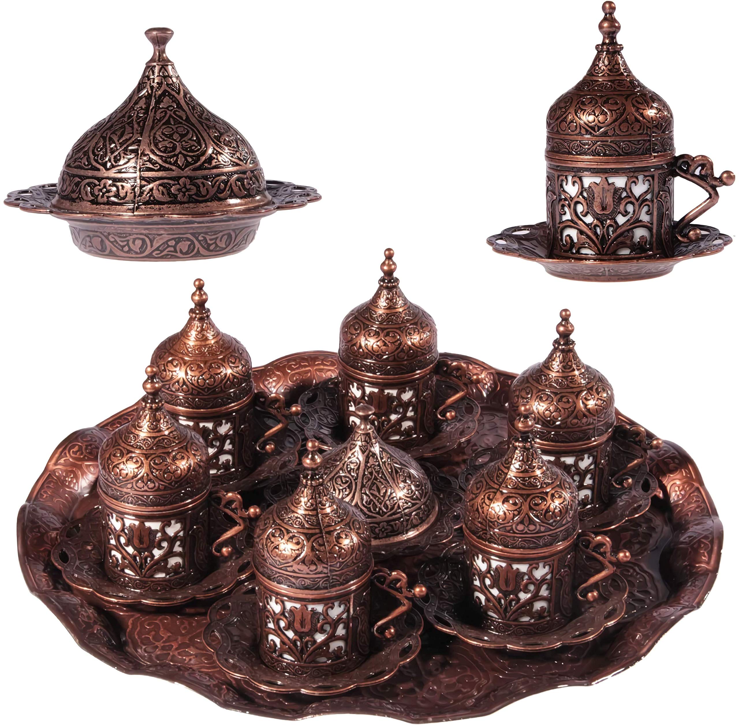 Service à café ottoman turc - Ensemble de 6 tasses, soucoupes, sucrier, porte-délices et plateau de service.
