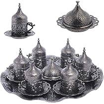 Service à café ottoman turc - Ensemble de 6 tasses, soucoupes, sucrier, porte-délices et plateau de service.